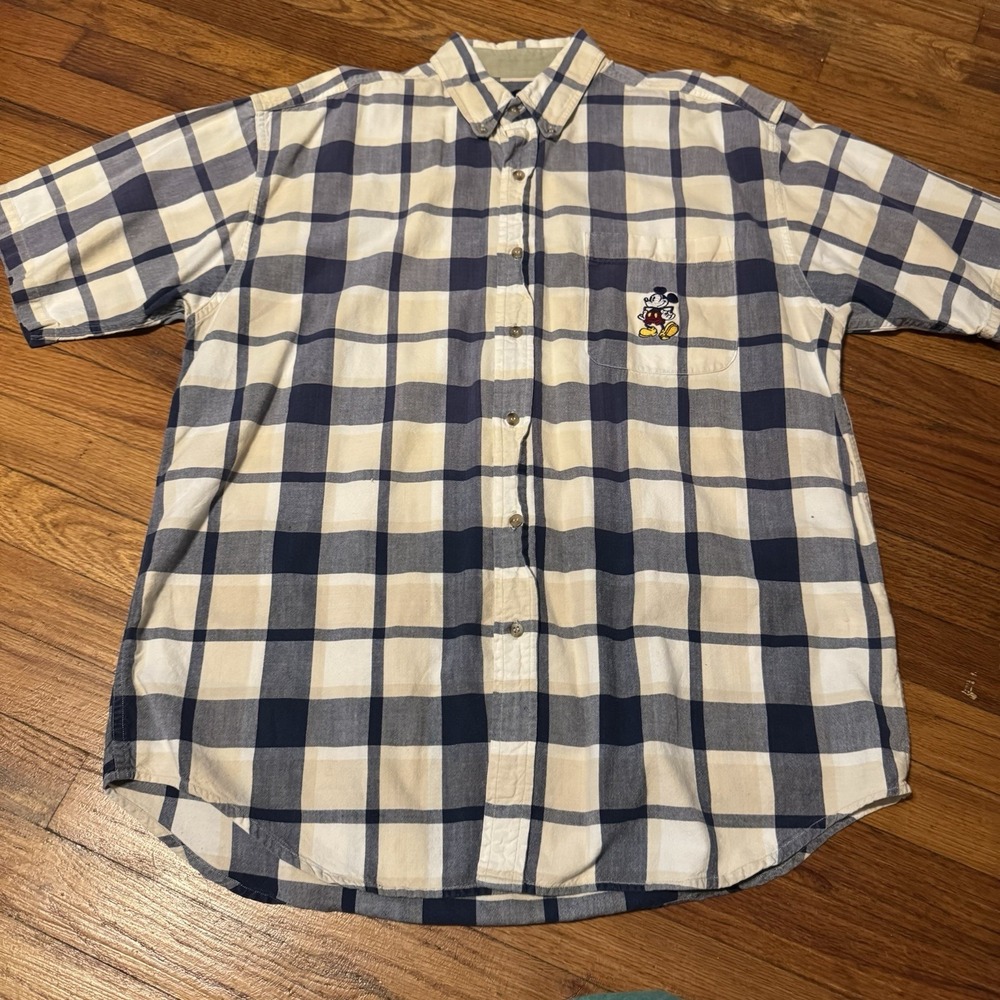 Vintage 90's The Disney Store Mickey Mouse Embroidered S/S Plaid Button Down Lg
